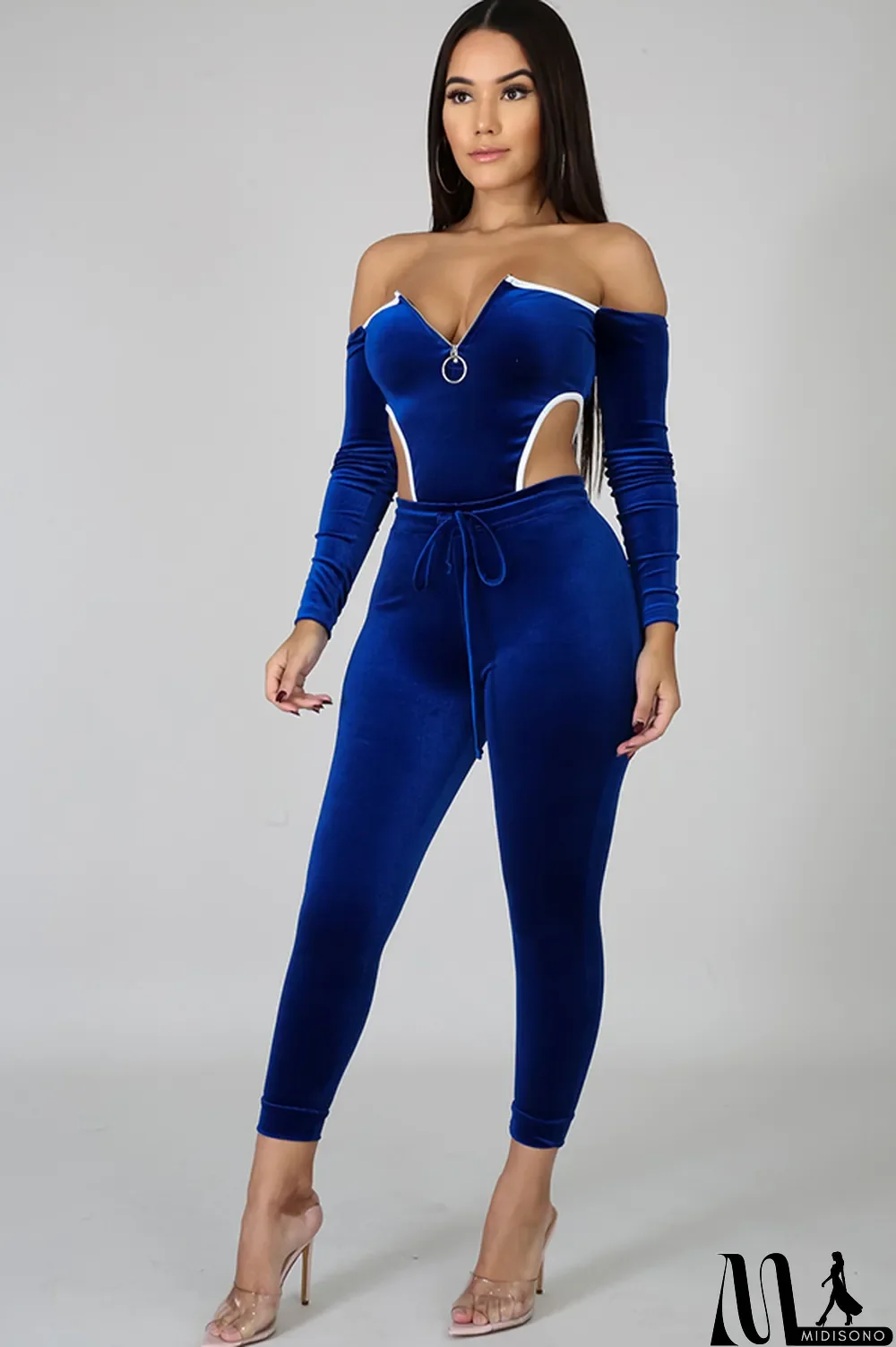 MidiSono - purple Polyester Sexy Solid Two Piece Suits pencil Long Sleeve Two-piece Pants Set