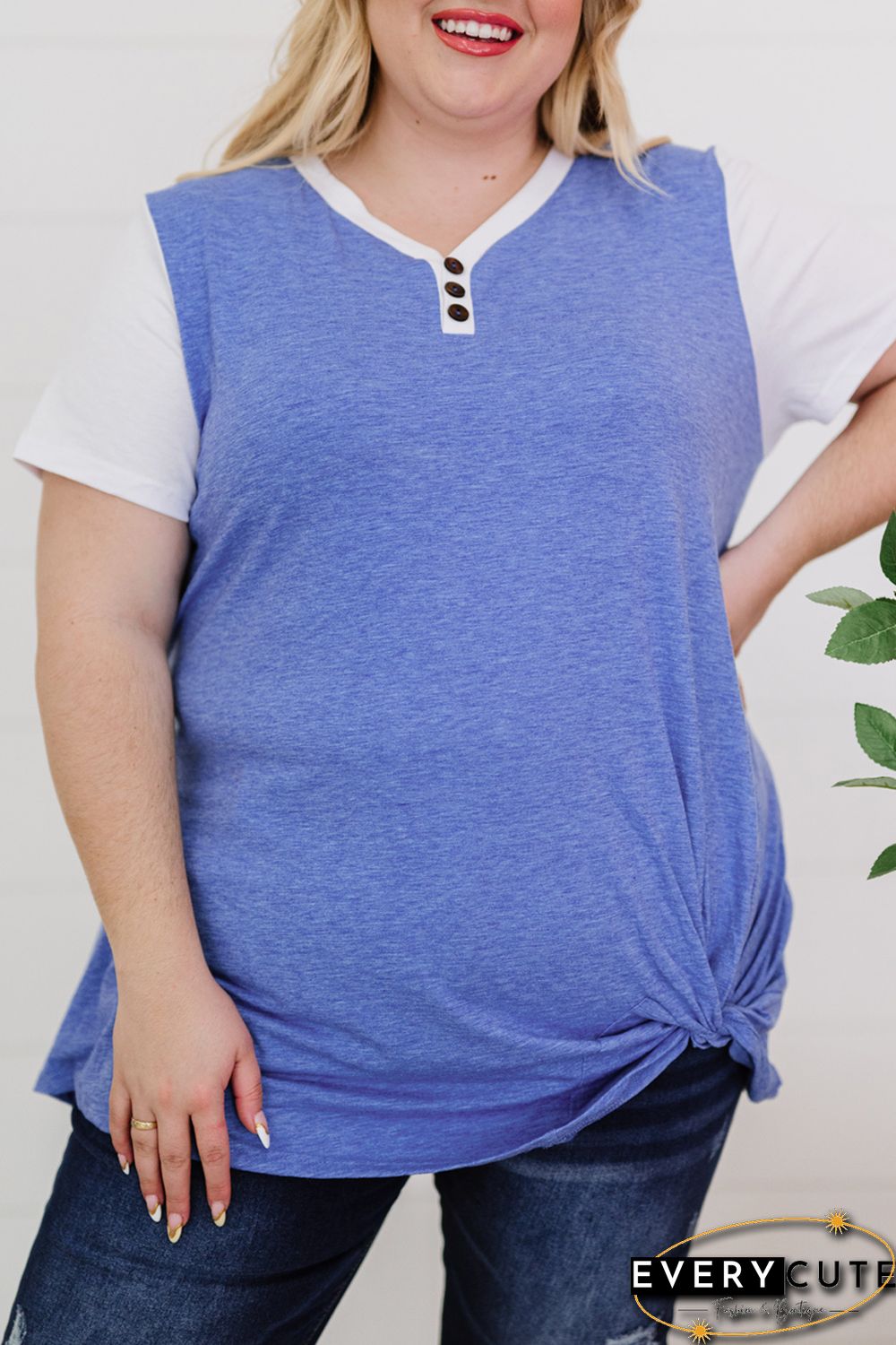 Sky Blue Plus Size Raglan Sleeve Colorblock Twist Top
