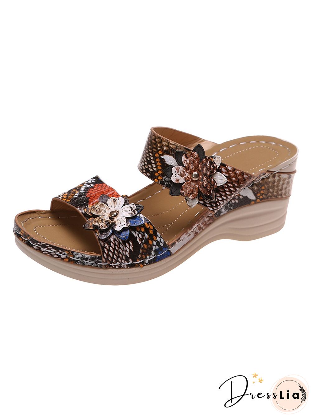 3D Floral Snake Print Wedge Sandals Slippers
