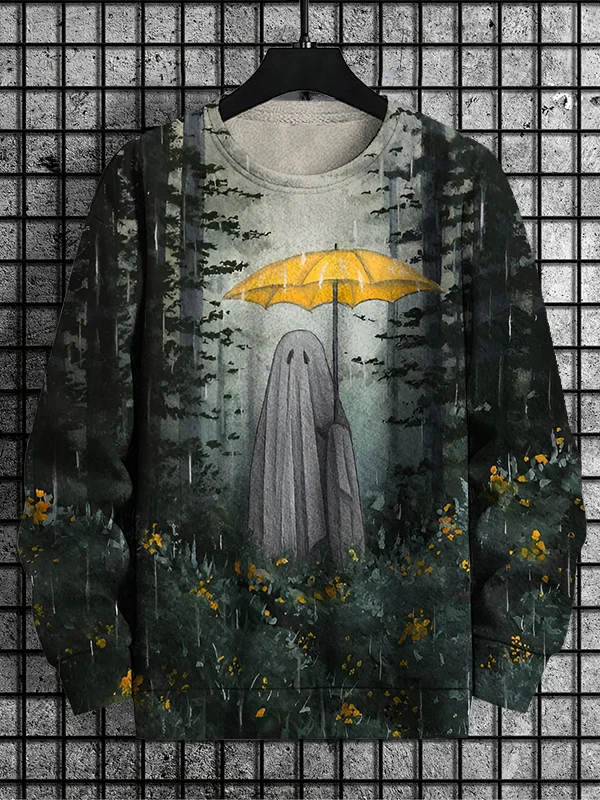 Men's Ghost With Umbrella In The Rain In The Silent Forest Print Casual Sweatshirt