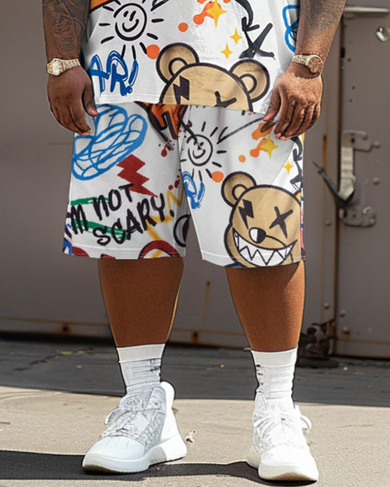 Men's Plus Size Graffiti Bear Print T-Shirt and Shorts 2 Piece Set