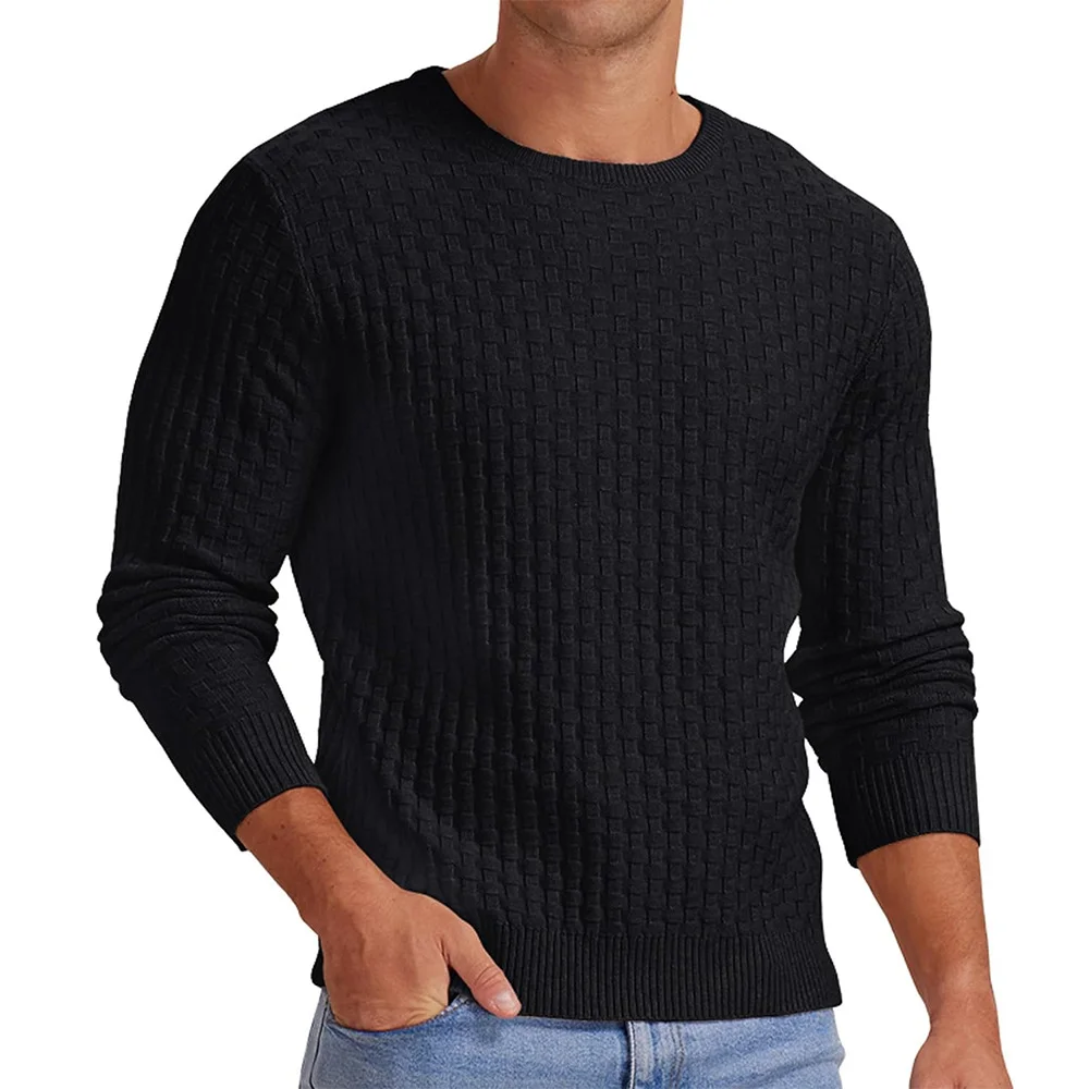 Wongn Wongn Men's New Waffge Solid Color Round Collar Long Sleeve Sleeve Sweater Fashion Casual Men's Sweater Top