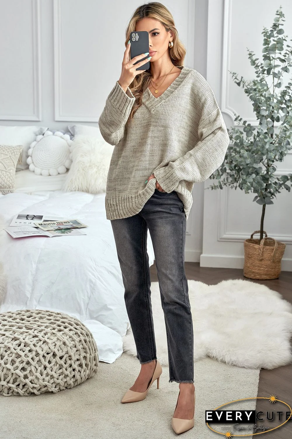 Khaki V neck Drop Shoulder Knitted Sweater