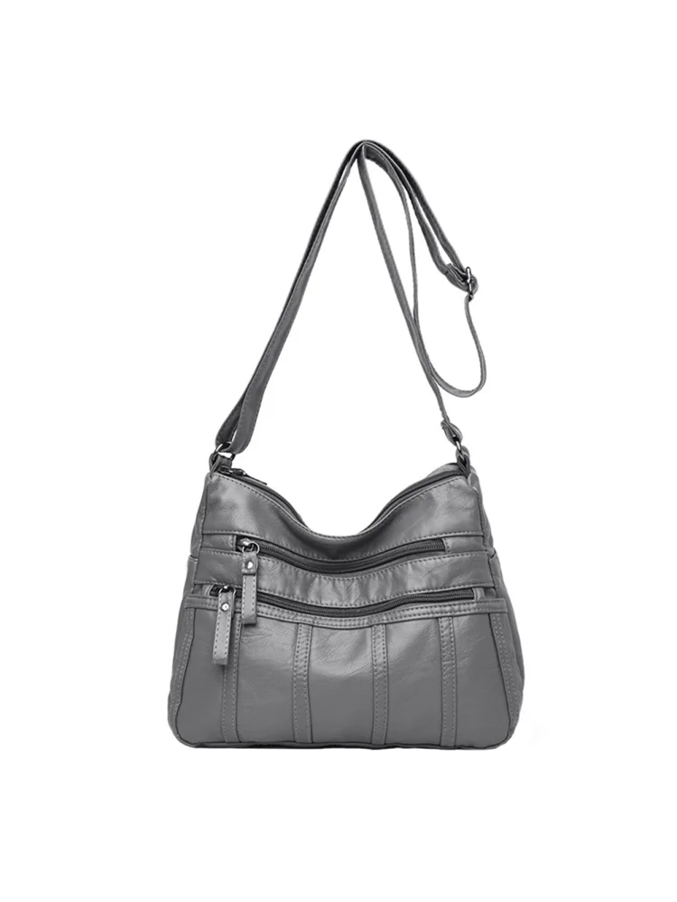 Retro Women Washed PU Crossbody Bag Multi Pocket Shoulder Handbags (Grey)