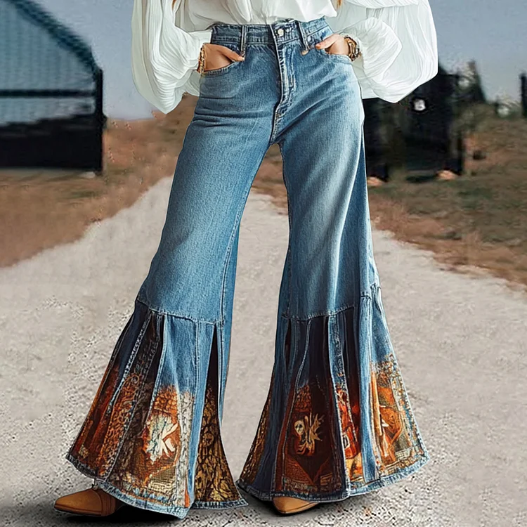 Ursime Boho High Rise Pattern Pocket Denim Flared Jeans