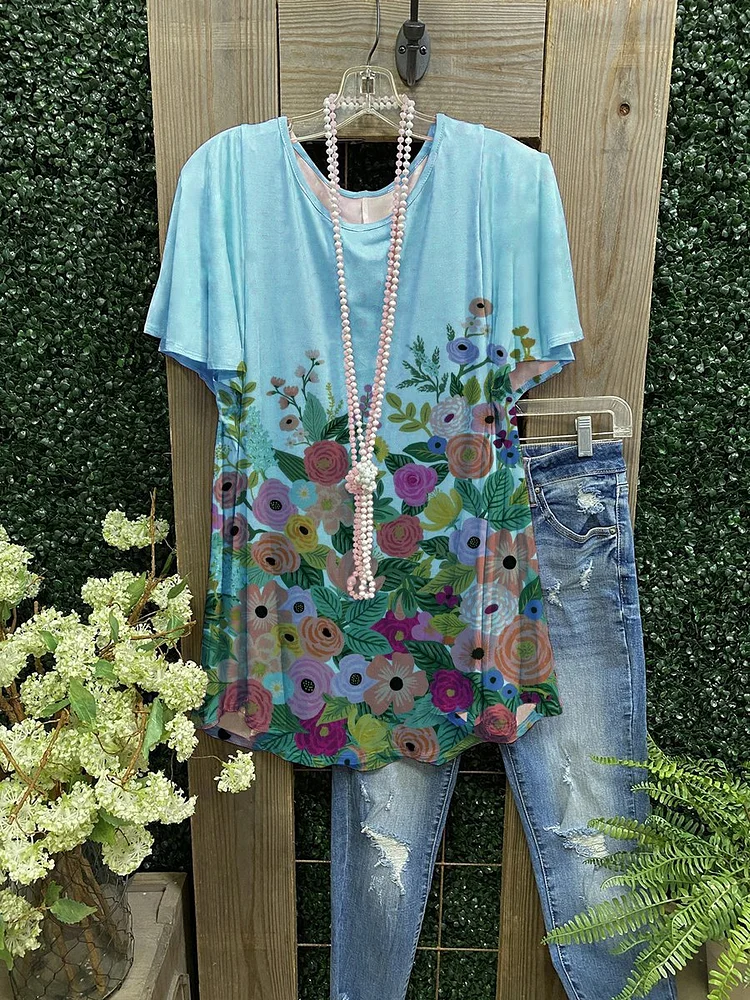 Women's Floral Print Short Sleeves-Mayoulove