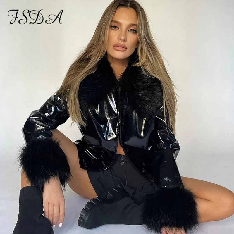 FSDA 2021 Autumn Winter PU Leather Cropped Jackets Women Black With Fur Faux Long Sleeve Fashion Y2K Brown Coat Turn Down Casual