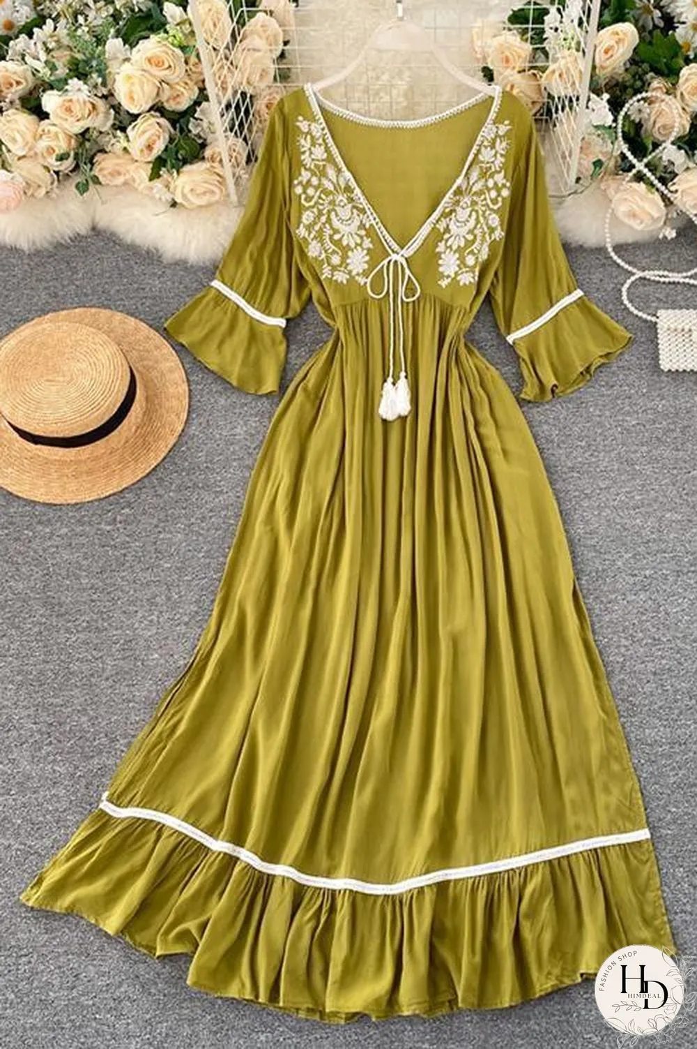 Embroidery Flares Sleeve Maxi Dress