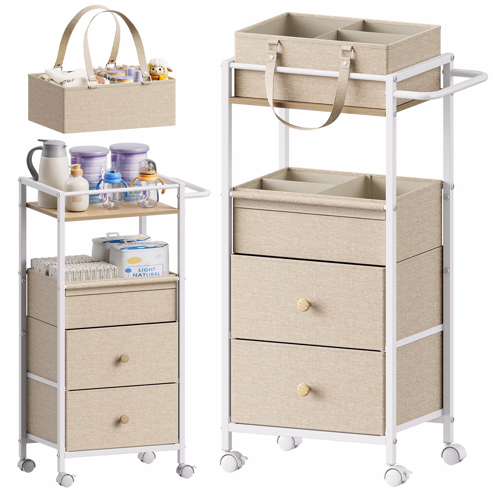 Baby Diaper Caddy Organizer Cart with Drawers - 3In1 Rolling Storage Cart with Wheels, Removable Diaper Caddy, Detachable Dividers - for Crib, Bedroom, Art & Craft Organizer (Off White)