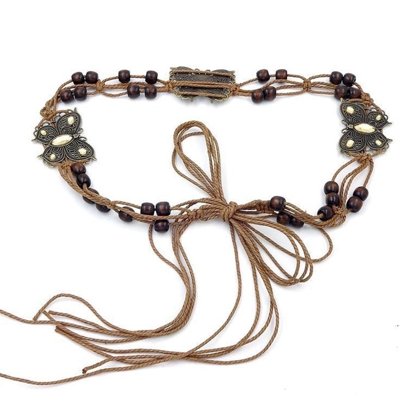 Ethnic Style Bohemian Butterfly Alloy Cotton And Linen Inlay Artificial Gemstones Women’s Woven Belts