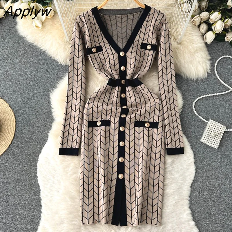 Applyw Autumn Winter Women Dress 2023 New Brand Fashion V-neck Buttons Split Knitted Sweater Dress Elegant Lady Office Dress