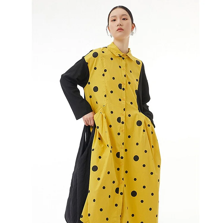 Casual Lapel Contrast Color Patchwork Dots Printed Single-breasted Long Sleeve Dress