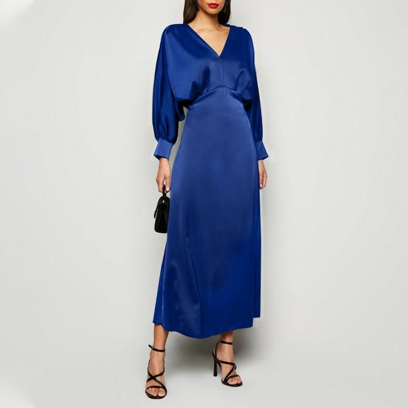 Celmia Elegant Maxi Dress 2022 Summer Women Sexy Satin Silk Solid Long Dress Long Bat Sleeve V Neck Party Vestidos Robe Femme