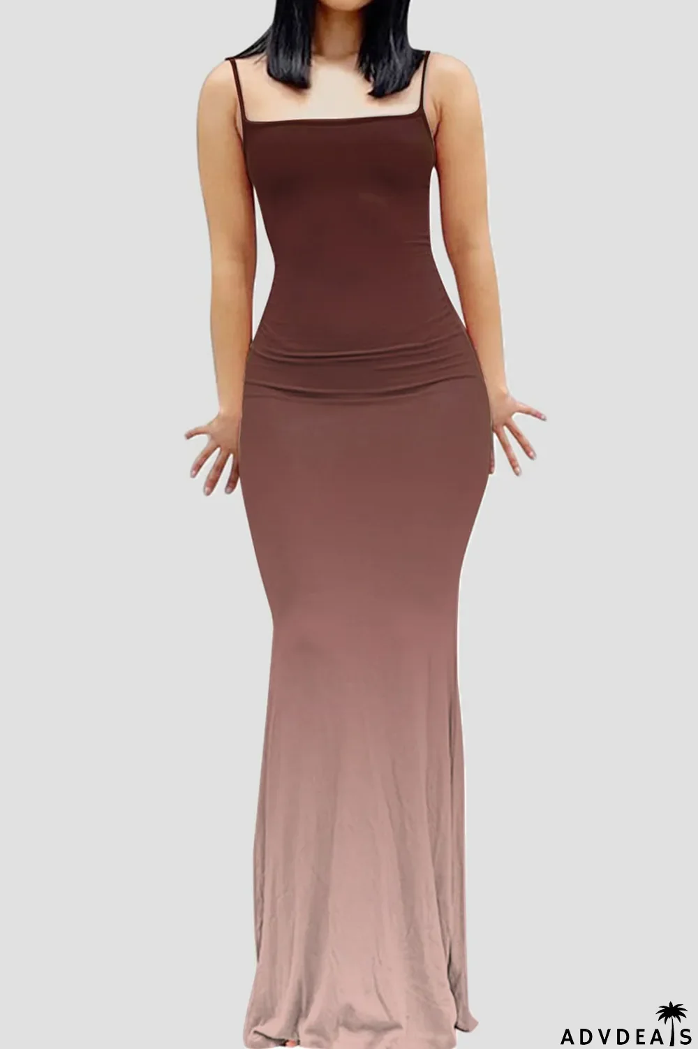 Rose Red Sexy Gradual Change Print Patchwork Spaghetti Strap Sling Dress Dresses