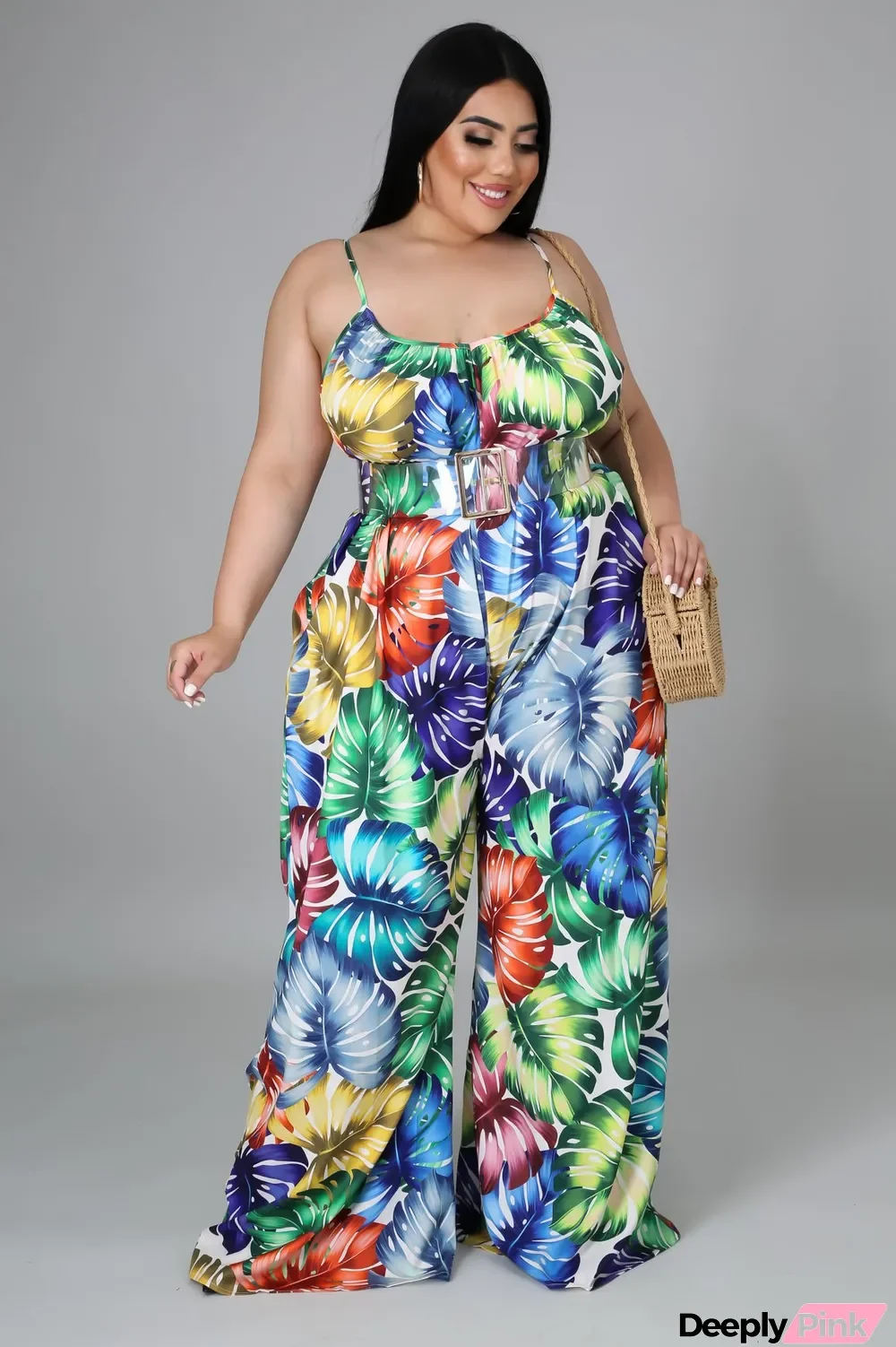 Plus Size Printed Strap Wide Leg Jumpsuit Without Belt