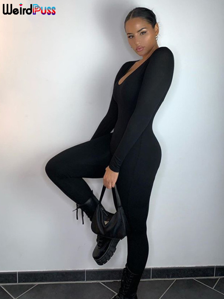 Weird Puss Spring Women Casual Long Sleeve Jumpsuits Stretchy Fitness Skinny Low-Neck Workout Streetwear Slim Outfits