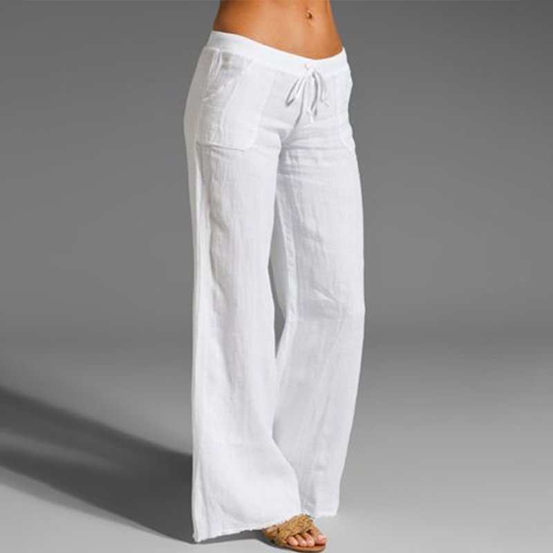 Tiboyz Women's White Linen Casual Straight Pants