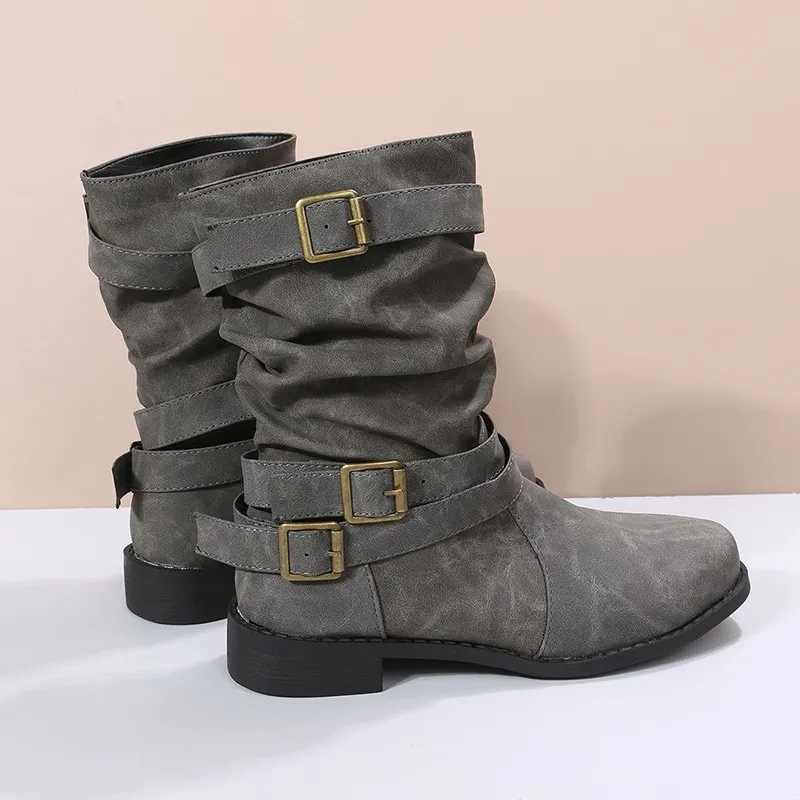 Breakj Breakj Autumn And Winter Martin Boots Belt Buckle Large Size Cylinder Cylindrical Women's Leather Boots