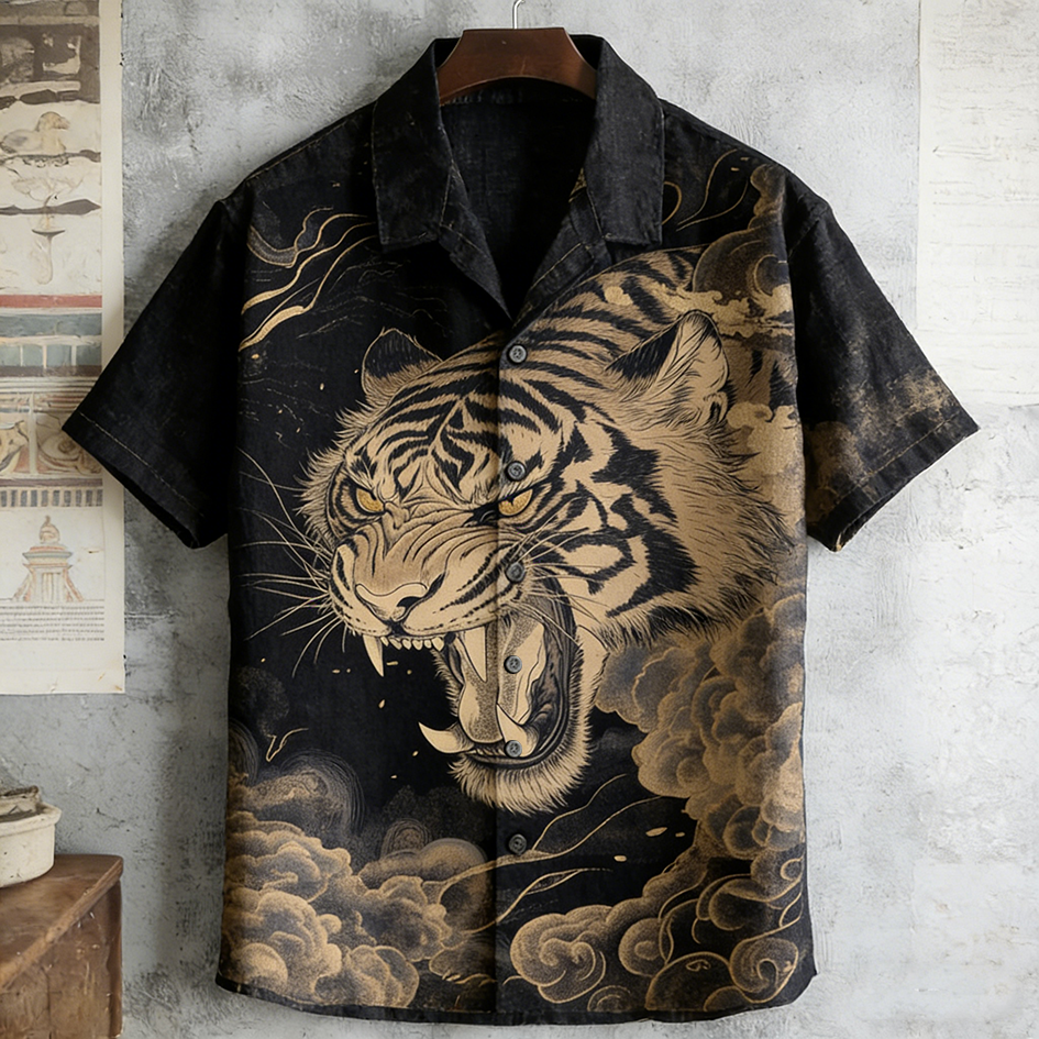 Japanese Art Vintage Tiger Pattern Men's Short Sleeve Shirt  artssus