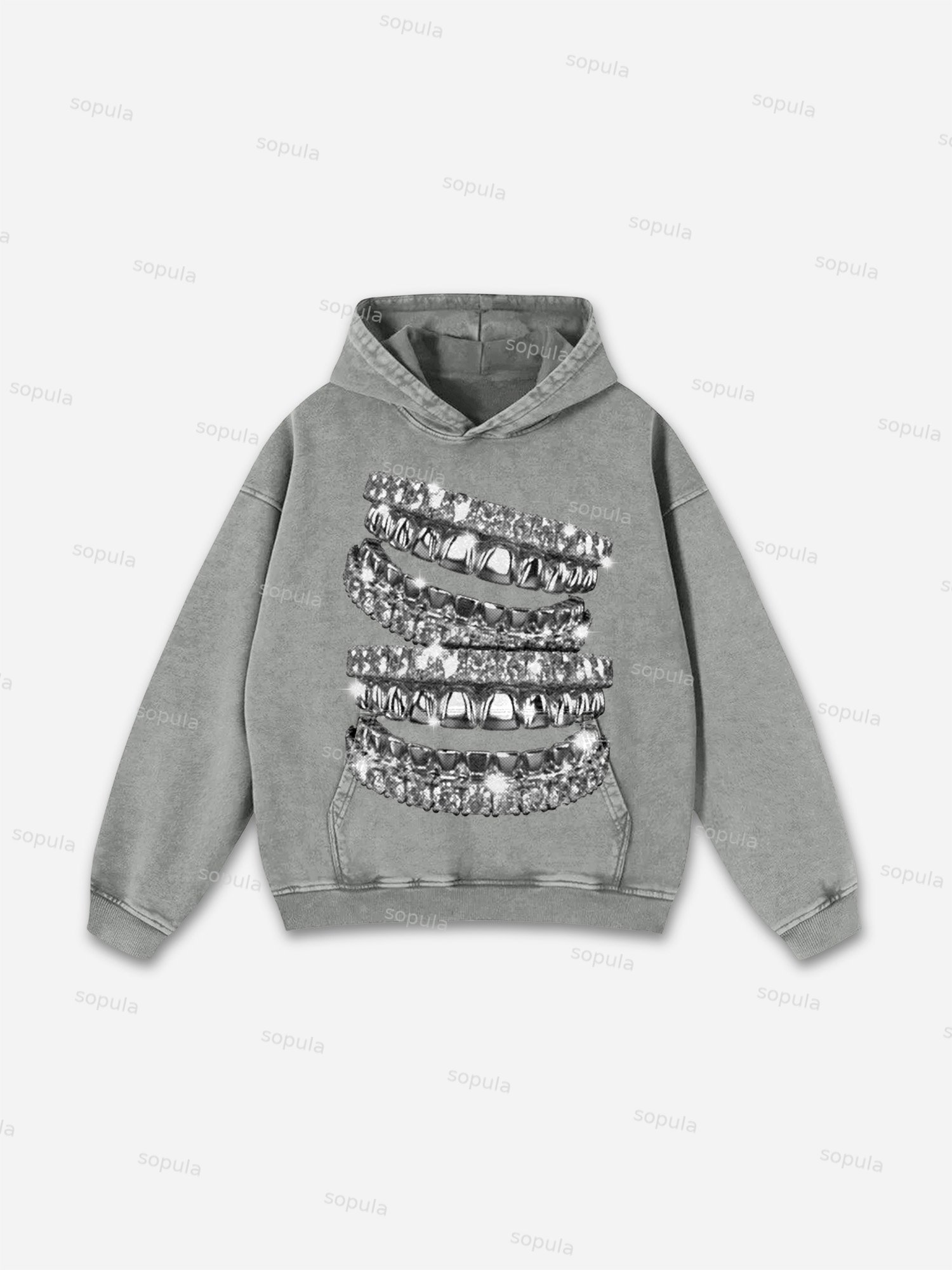 Street Diamond Jewelry Braces Graphic Washed Hoodie - SOPULA