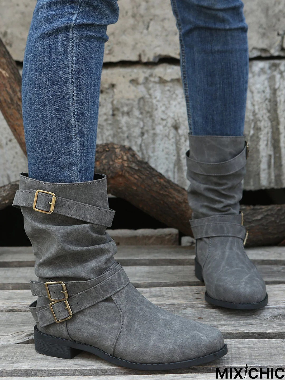 Ruched Buckle Casual Leather Booties