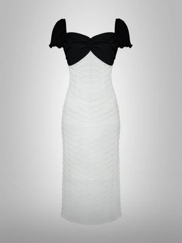Elegant Square Neck Short Sleeve Patchwork Texture White Dress