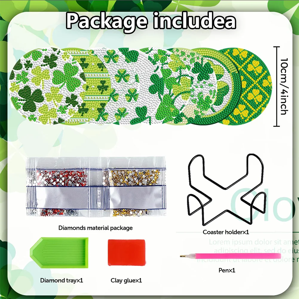 8pcs DIY Saint Patricks Day Wooden Diamond Painting Art Coaster Kit with Holder for Adults Kids