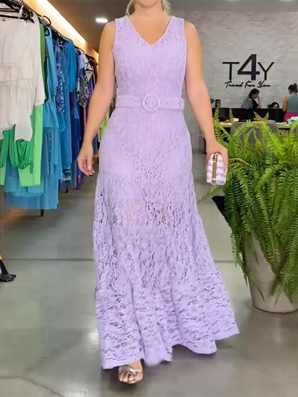 Hollow Lacy Solid Color Sleeveless V-neck Maxi Dresses