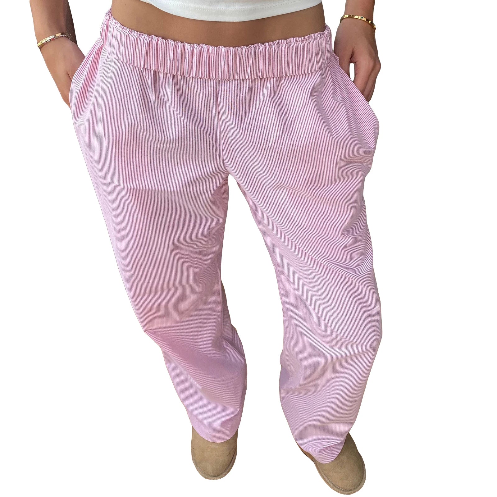 Llyge Women Casual cleanfit Striped Pants Elastic Low Waist Solid Color Loose Aesthetic Transparent Trousers with Pockets llyge
