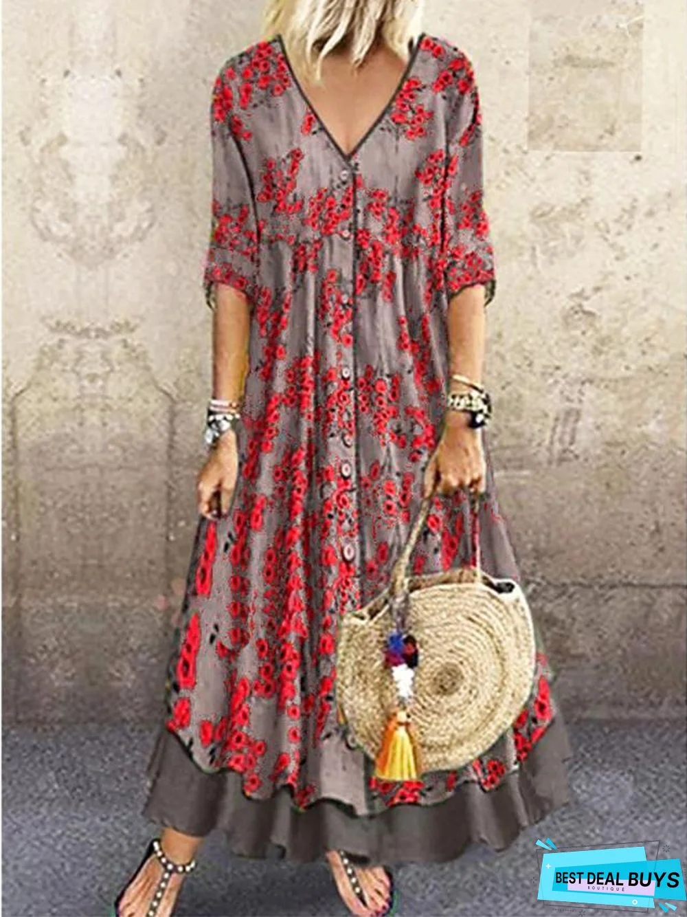 Women's A-Line Dress Maxi Long Dress - Half Sleeve Floral Layered Button Print Spring & Summer Deep V Hot Casual Holiday Vacation Dresses Loose Red Green Gray