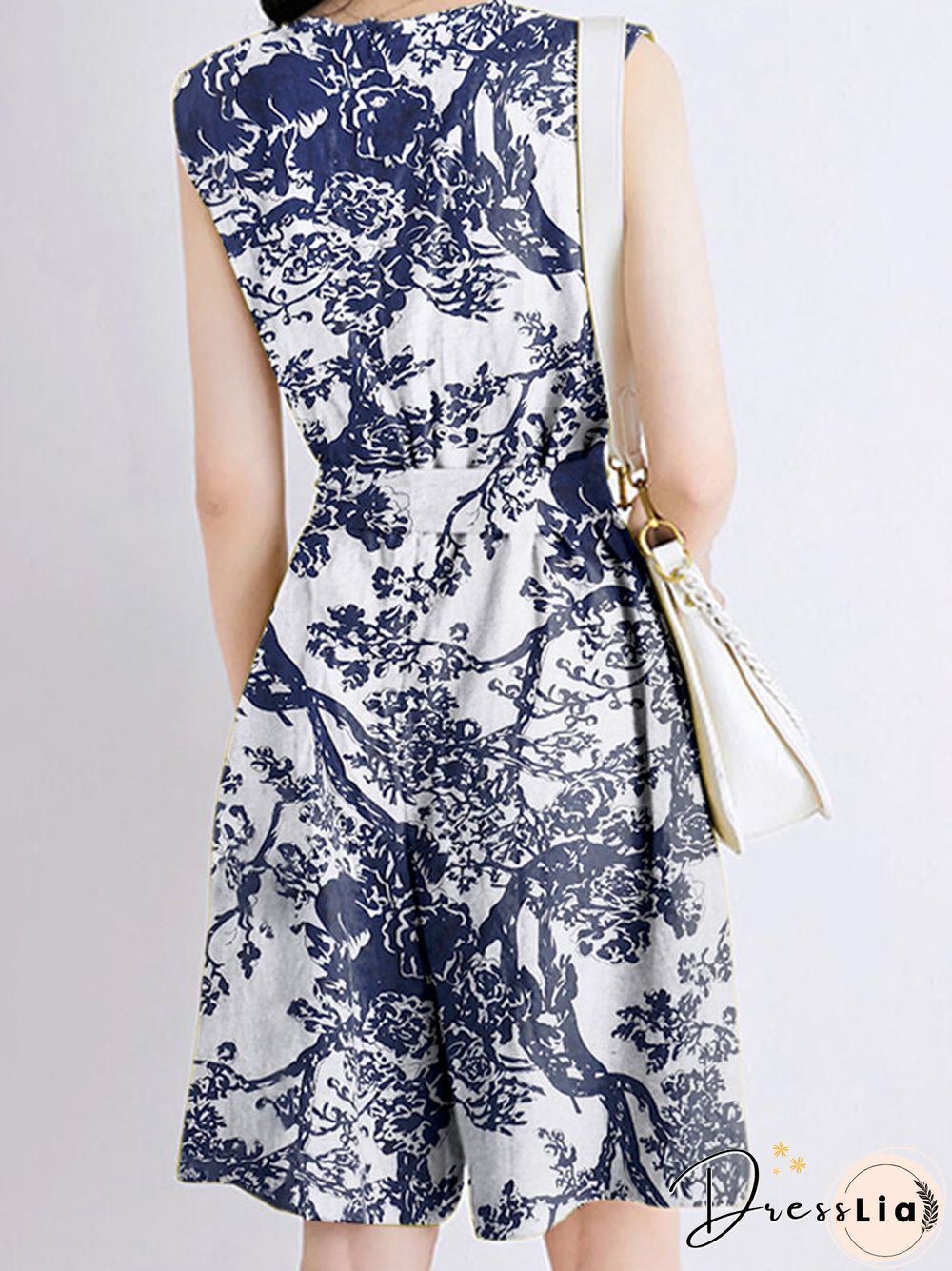 Plants Print Pocket Sleeveless Crew Neck Belt Romper