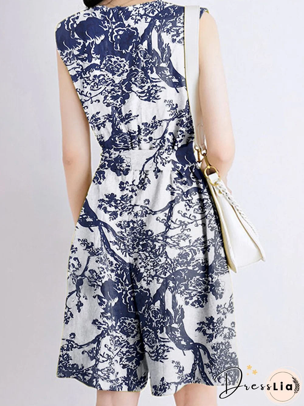 Plants Print Pocket Sleeveless Crew Neck Belt Romper