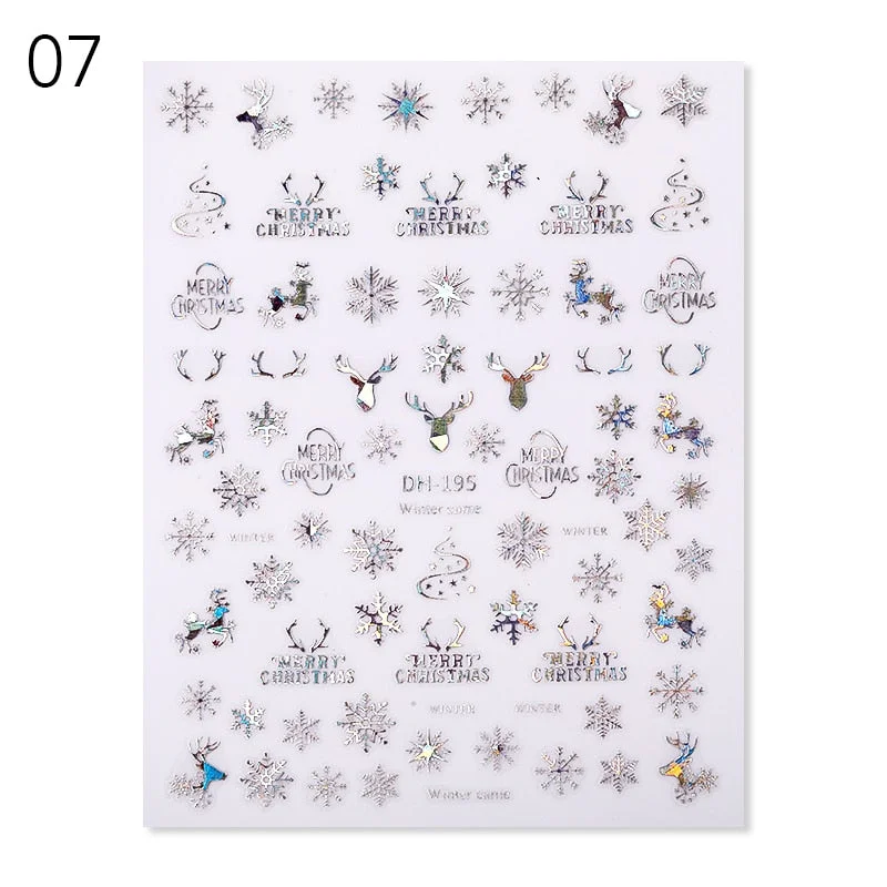 Gold Bronzing 3D Christmas Nail Art Decoration Sticker Sparkly White Colorful Glitter Geometry Snowflake Winter Slider Foil