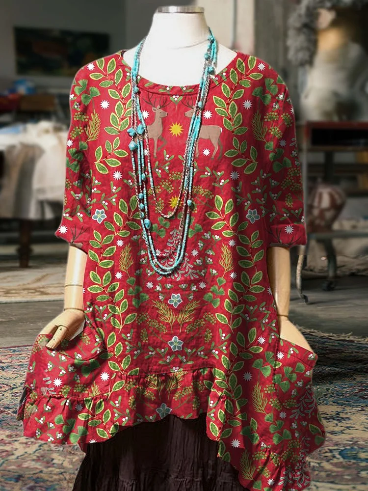 Women's Retro Christmas  Print Pocket Cotton Dress