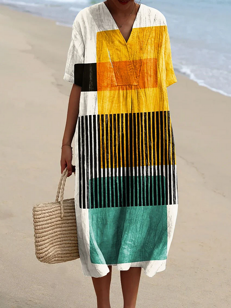 Women's Abstract Vibrant Bold Fun Colorful Geometric Stripes Art Print Flowy Dress