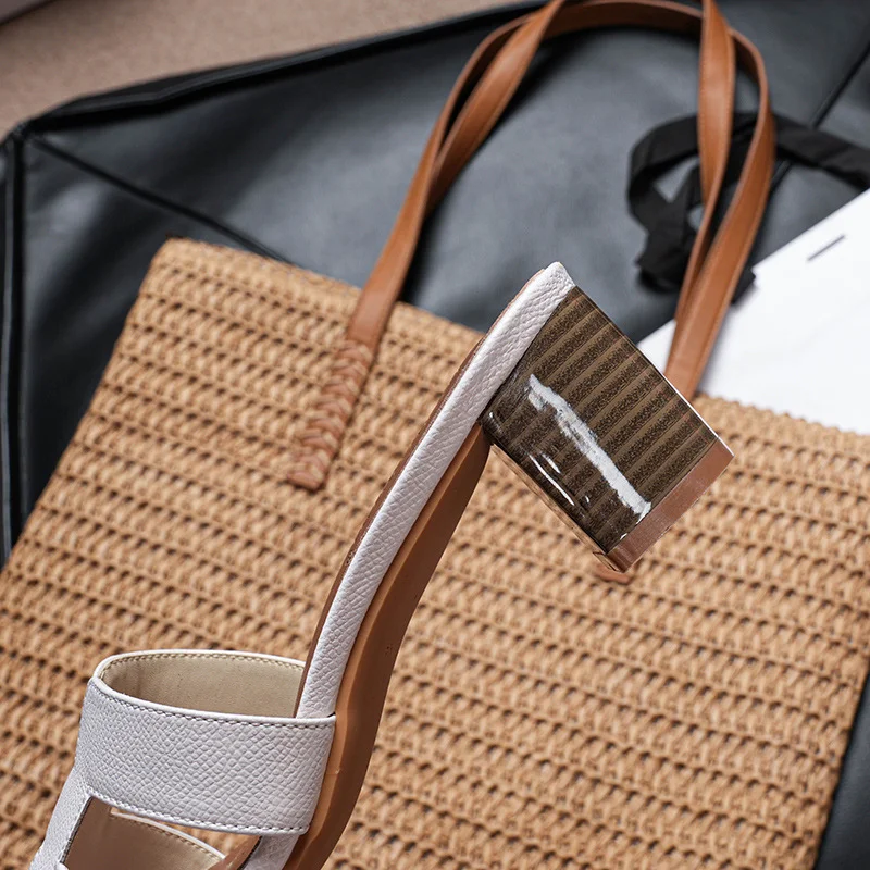 5cm Womens H Shaped Square Open Toe Summer Texture Sandals Flats-MERUMOTE