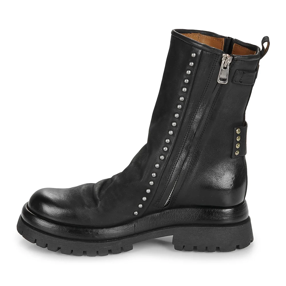 Black Round Toe Studded Zipper Heeled Ankle Boots with Buckle Strap