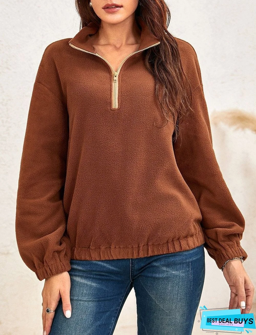 Ladies Zipper High Neck Fleece Long-Sleeved Sweater