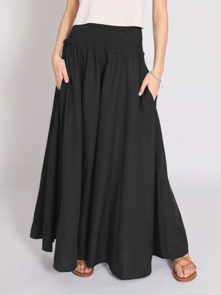 Solid Shirred High Waist Pocket A-line Swing Skirt - BlackFridayBuys