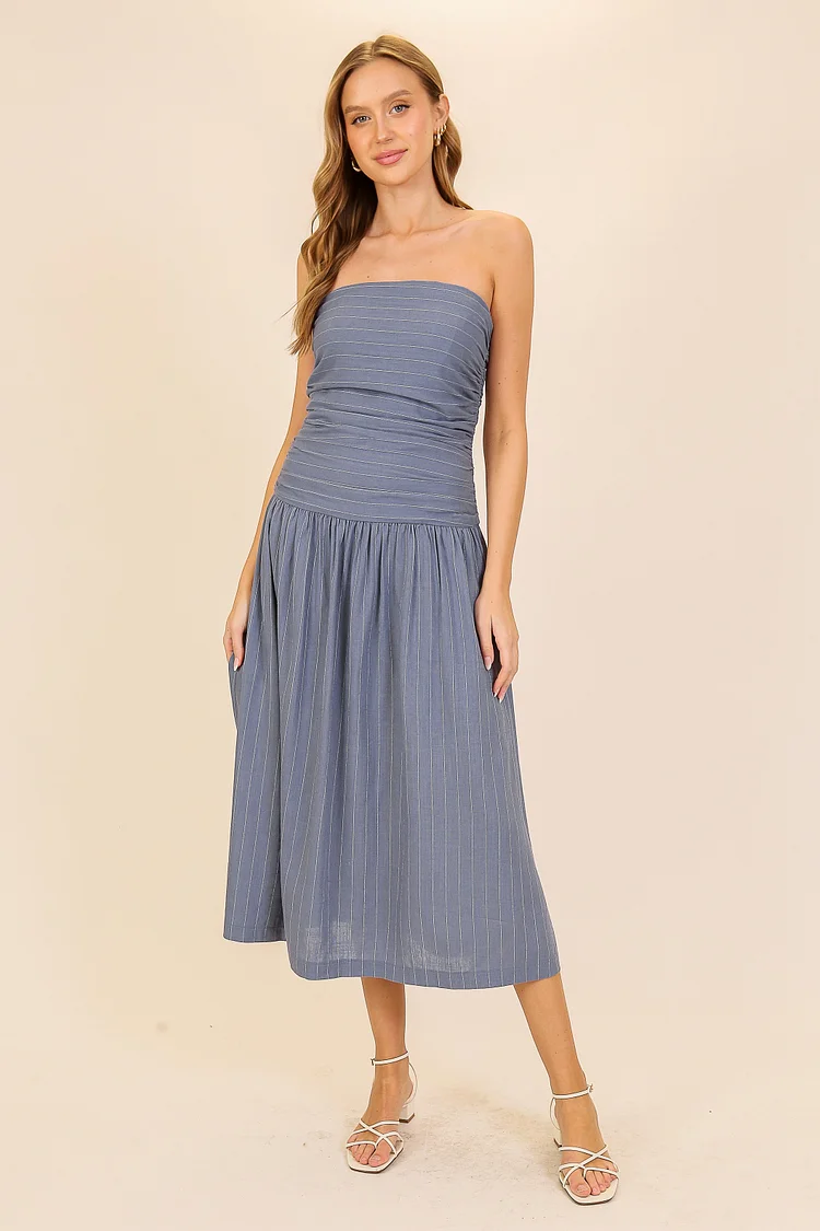 Blue/White Strapless Midi Dress