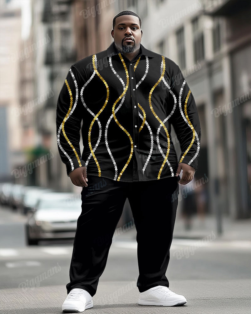 Men's Plus Size Gold Silver Color Block Flash Print Long Sleeve Shirt Trousers Suit