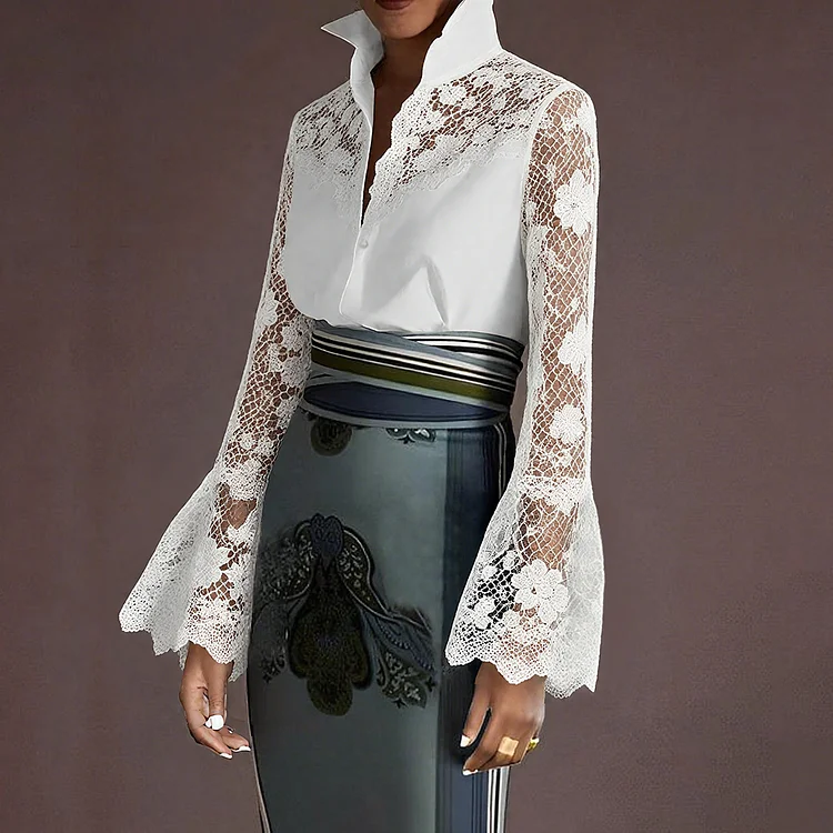 Ursime Lace Patchwork Shirt Collar Flare Sleeve Button Blouse