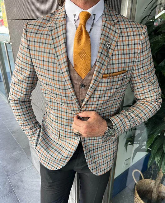 Classic Gingham Notch Lapel Two Button Slim Fit Blazer