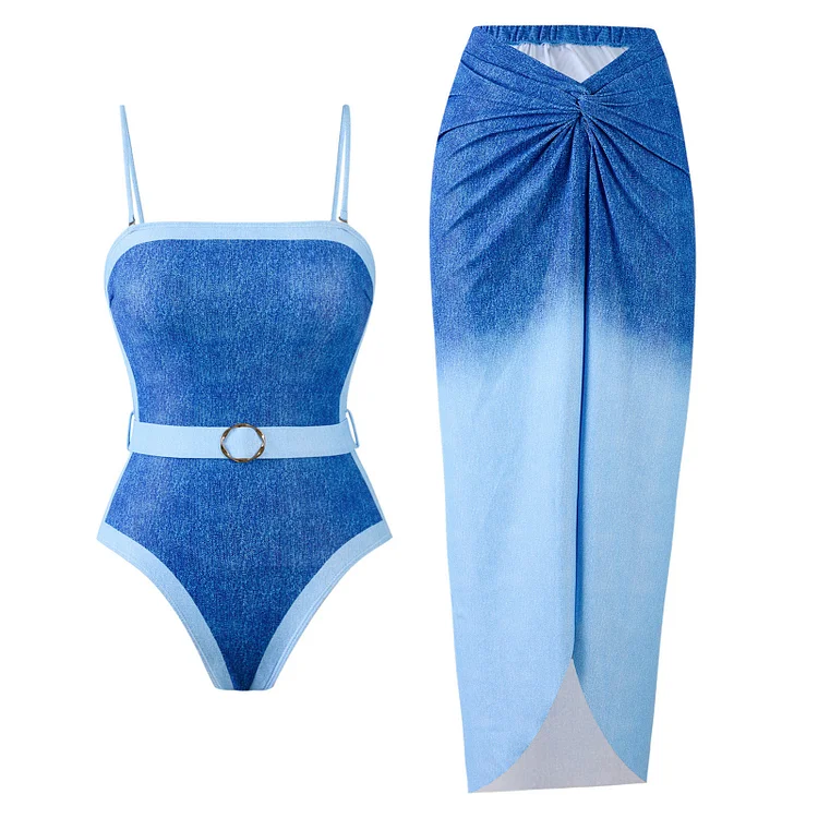 Qiaojianyuan New Products in Stock 2025 European and American One Piece Swimsuit Gradient Printed Tape Skirt Suit Swimsuit Women Wholesale