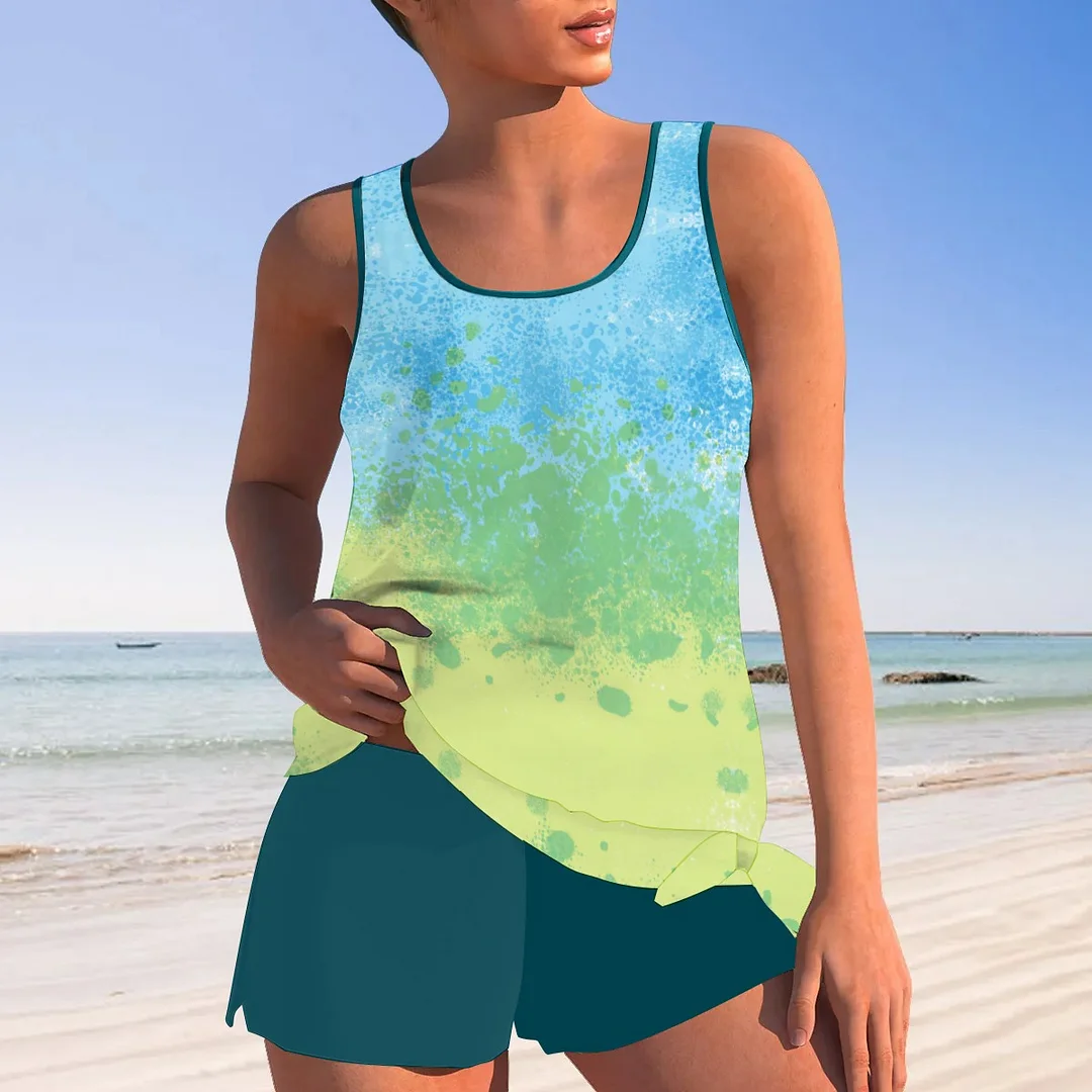 Wholesale plus size clothing  Bowknot Green,Watercolor Mid Waisted Tankini Set - Plus Size Available