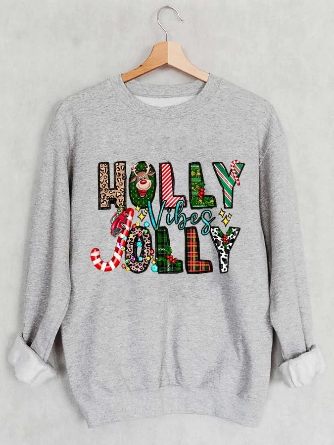 Holly jolly Vibes Print Long Sleeve Sweatshirt socialshop