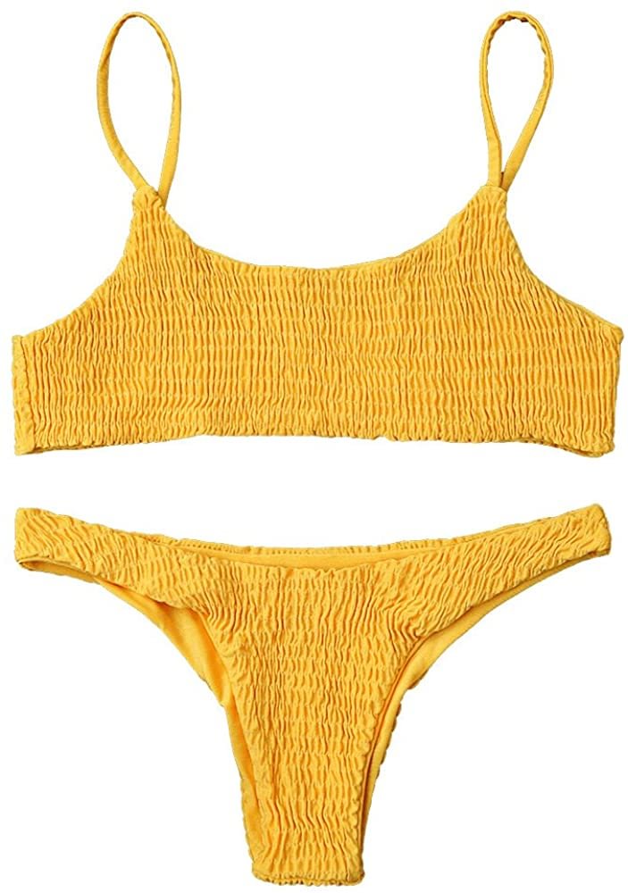 Women’s Solid Smocked Spaghetti Straps Bathing Suit Cute Bralette Low Waisted Bikini Set