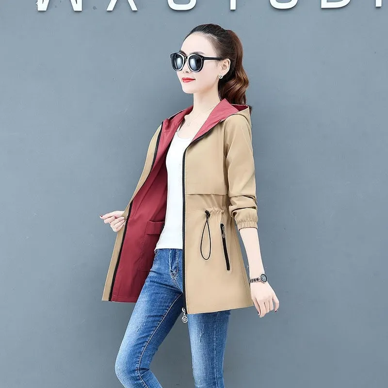 Spring Autumn Women's Trench Coat New Double-sided Wear Plus Size 5XL Hooded Mid Long Outerwear Female Windbreaker Basic Coats