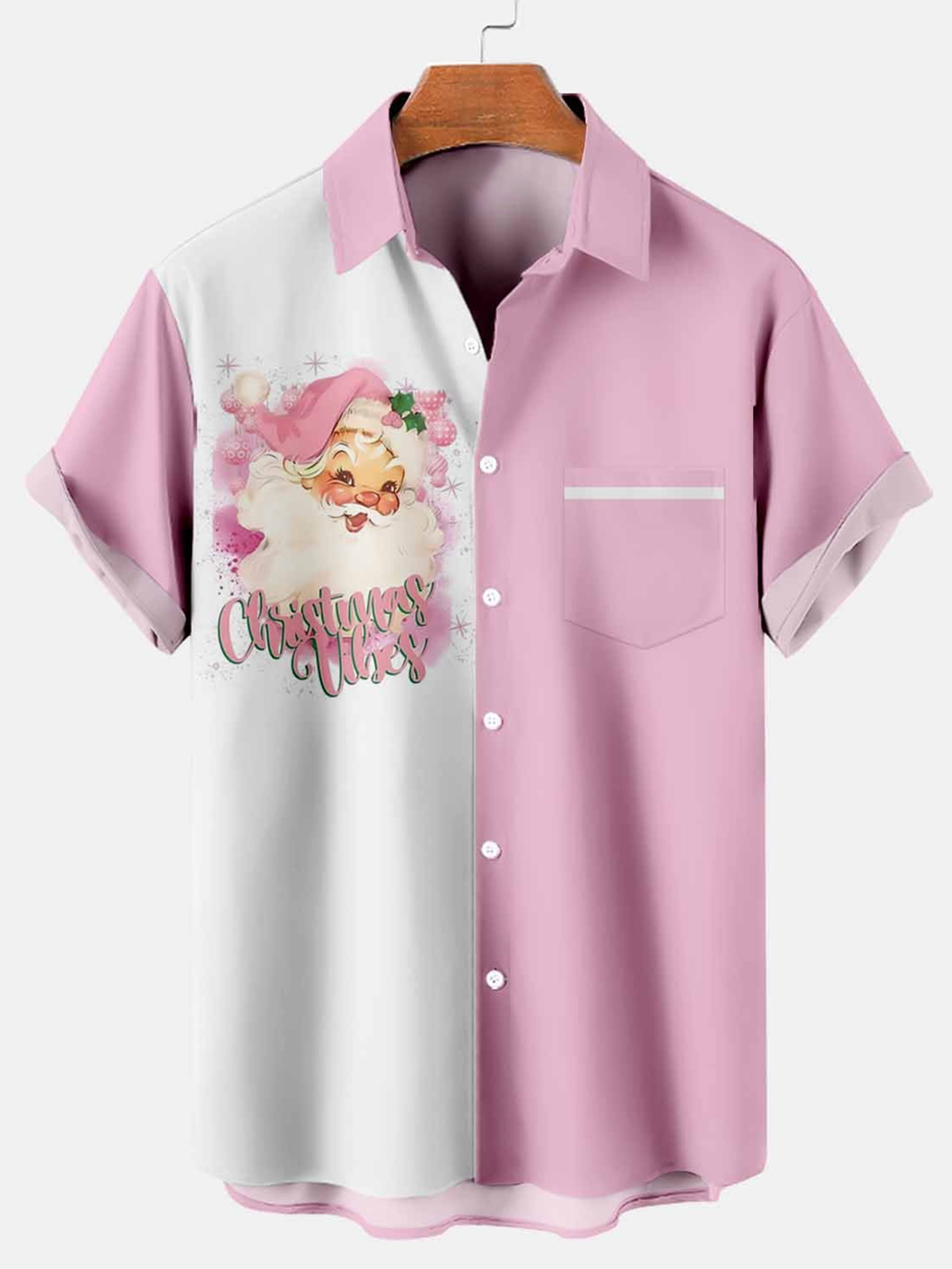 Christmas Pink Santa Claus Color Printing Simple Casual Short Sleeve Shirt PLUSCLOTHESMAN