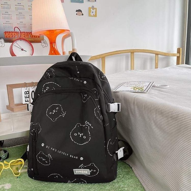 Black/White/Pink Kawaii Bear Printed Backpack SP16641